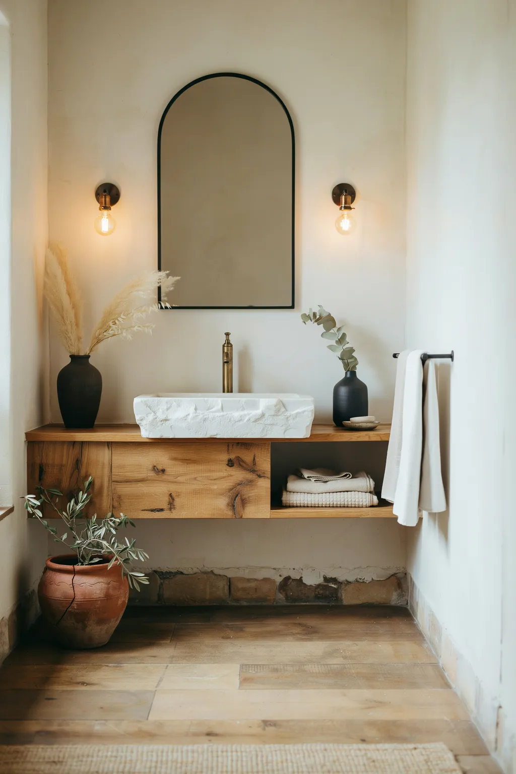 Weathered Vanity With An Arched Mirror
