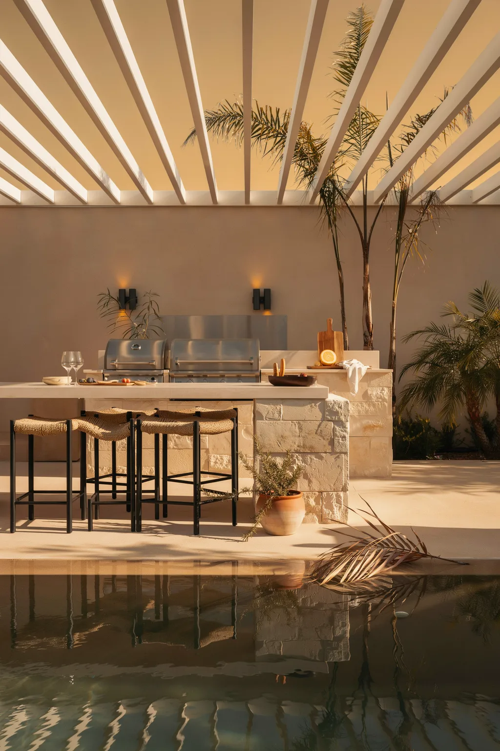 Poolside Outdoor Kitchen Bar At Sunset