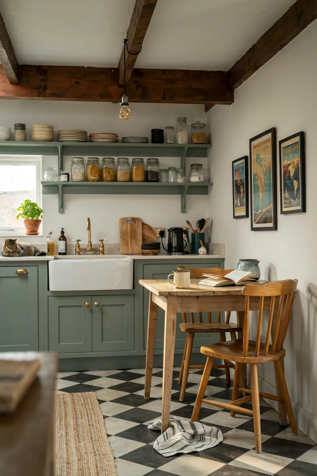 Vintage Green Kitchen With Checkerboard Floor