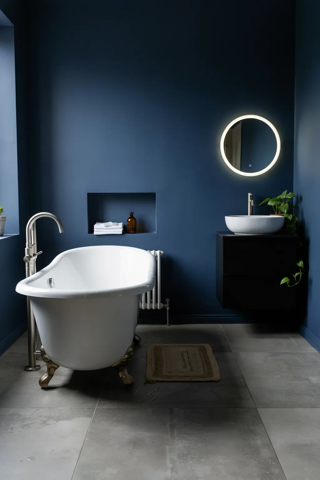 White Tub Against Deep Blue Walls