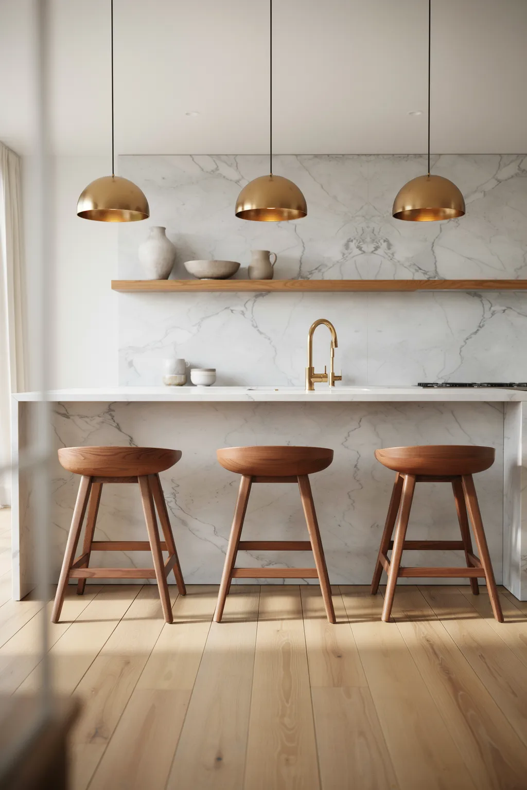 Walnut Stools Under Brass Pendants