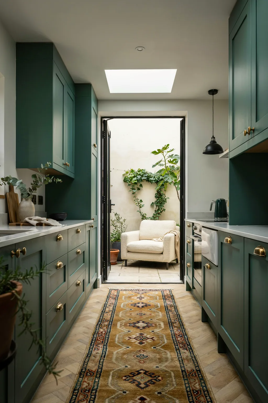 Galley Kitchen Opening To A Courtyard