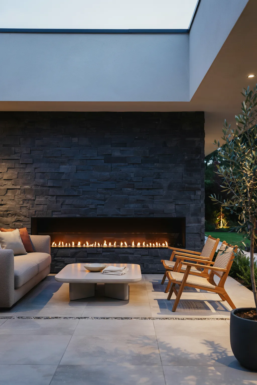 Linear Fire Feature on a Dark Patio Wall
