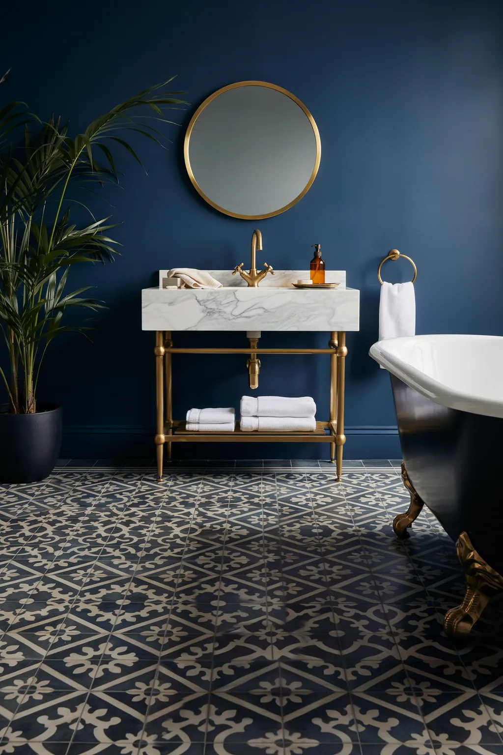 Marble Console Sink in a Navy Bath