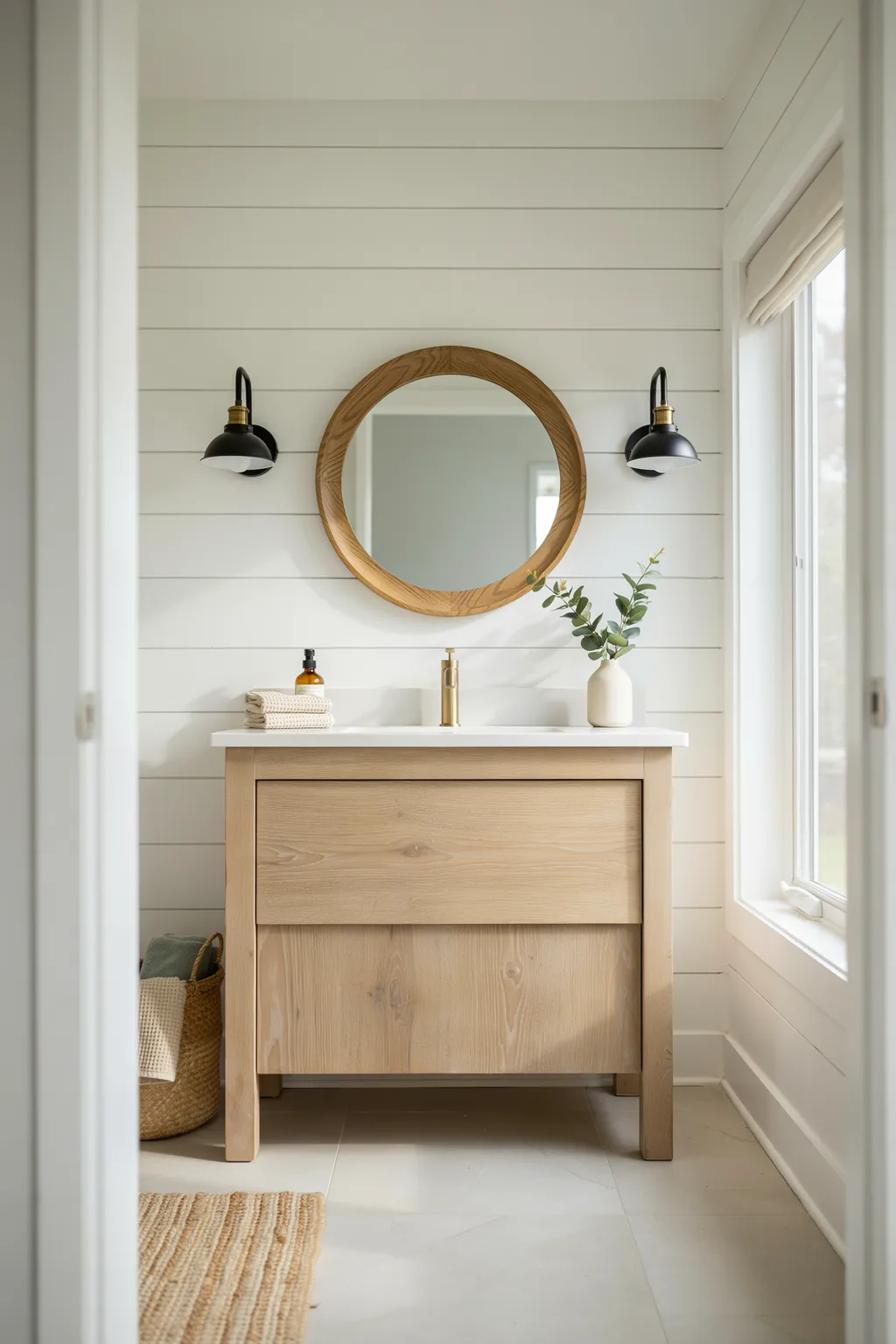 Bright Shiplap And A Round Mirror