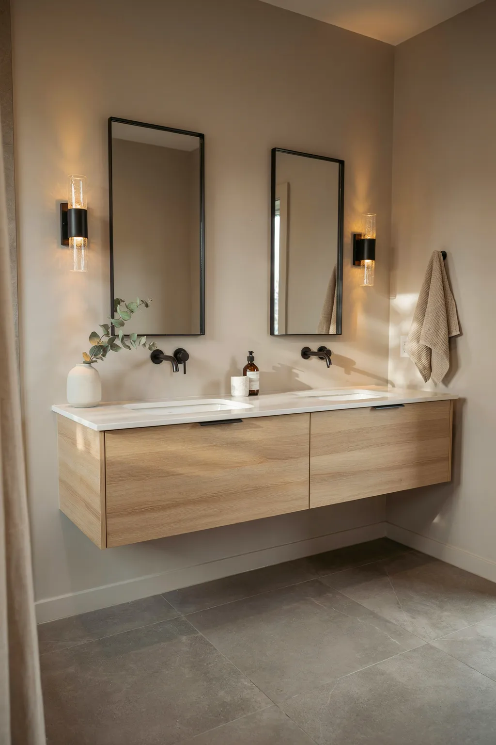 White Oak Double Vanity Bathroom