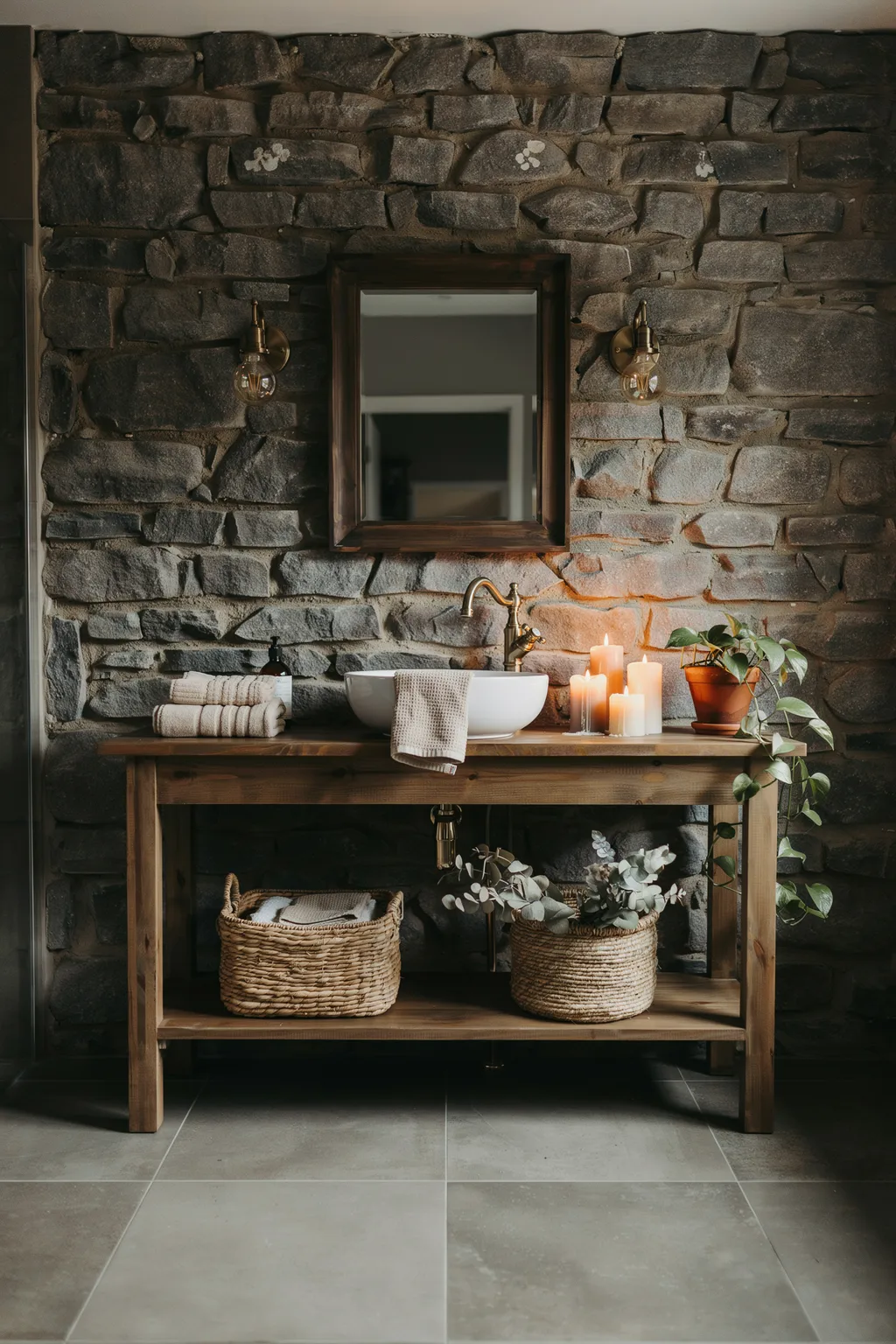 Stacked Stone Wall Bathroom