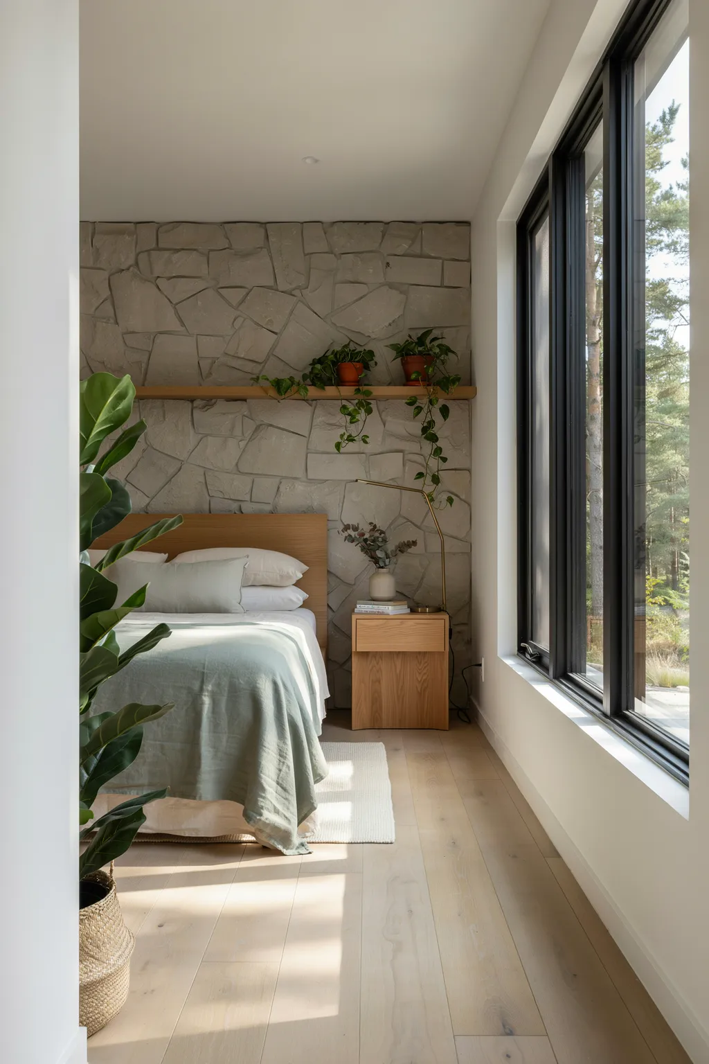 Nature-Inspired Stone Wall Bedroom