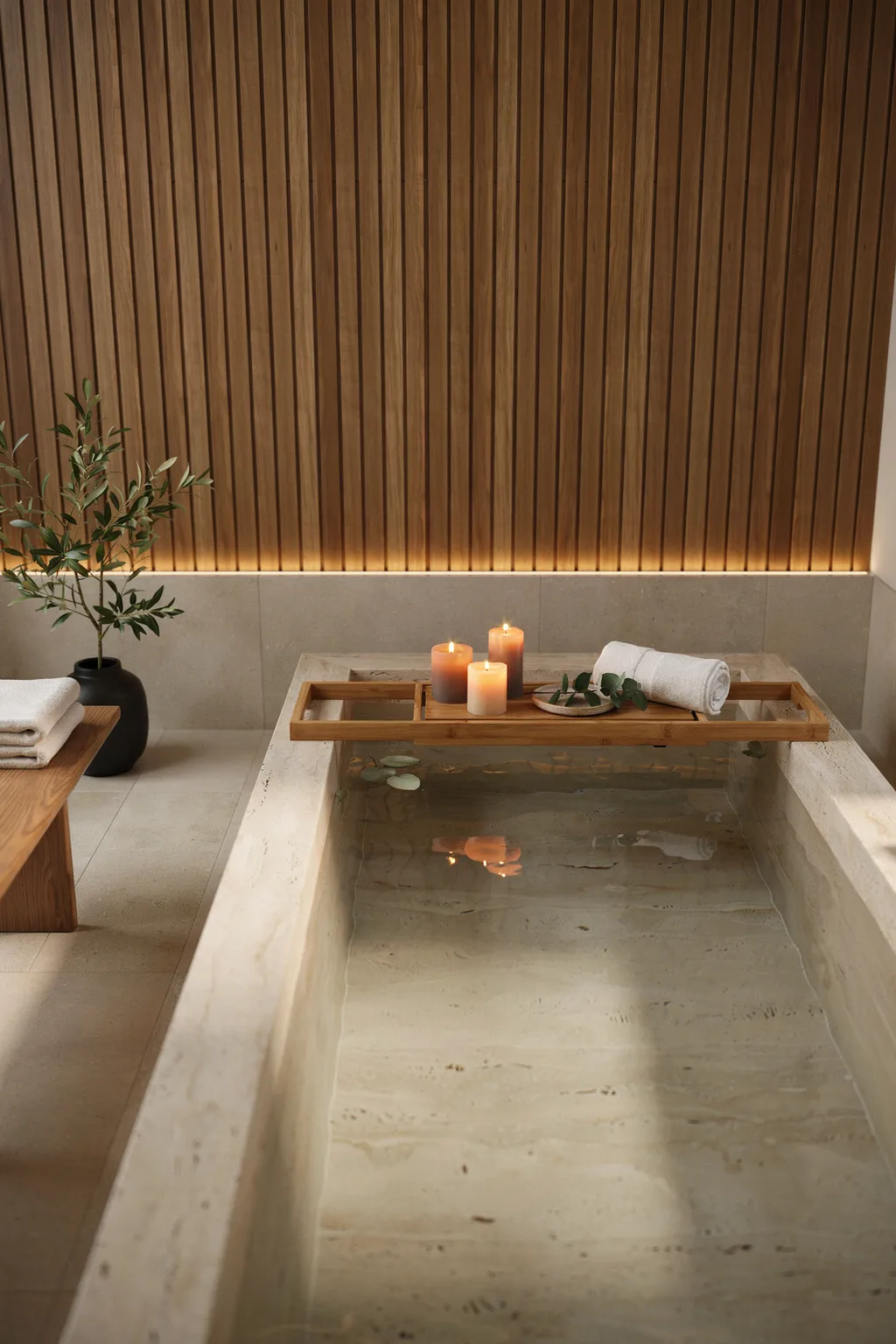 Sunken Spa Tub Wood Slat Wall
