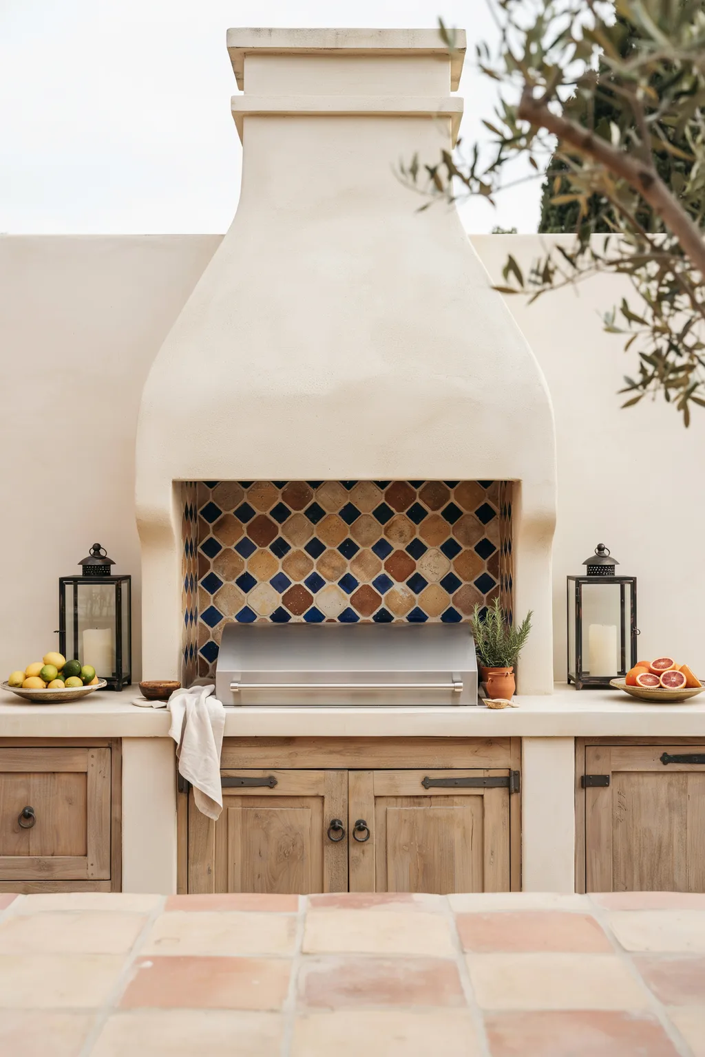 Mediterranean Outdoor Kitchen With Mosaic Tile