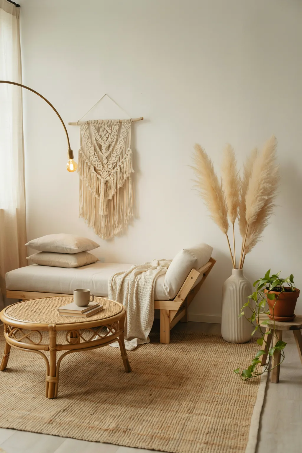 Boho White Room With Macrame and Pampas