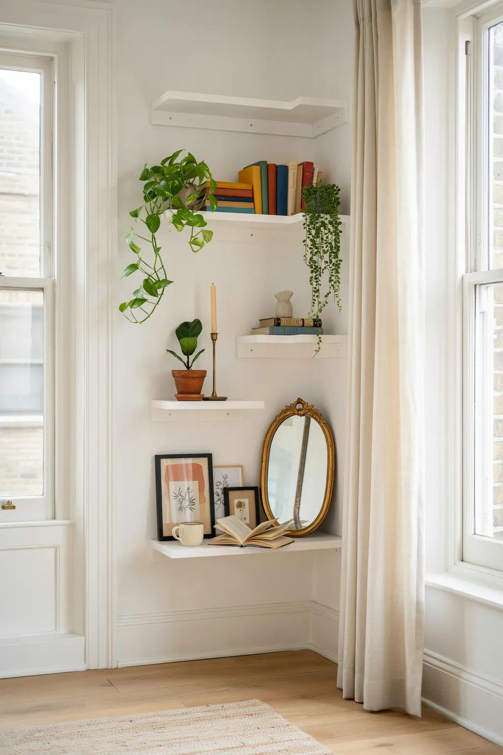 Zigzag Shelves Around a Window Corner