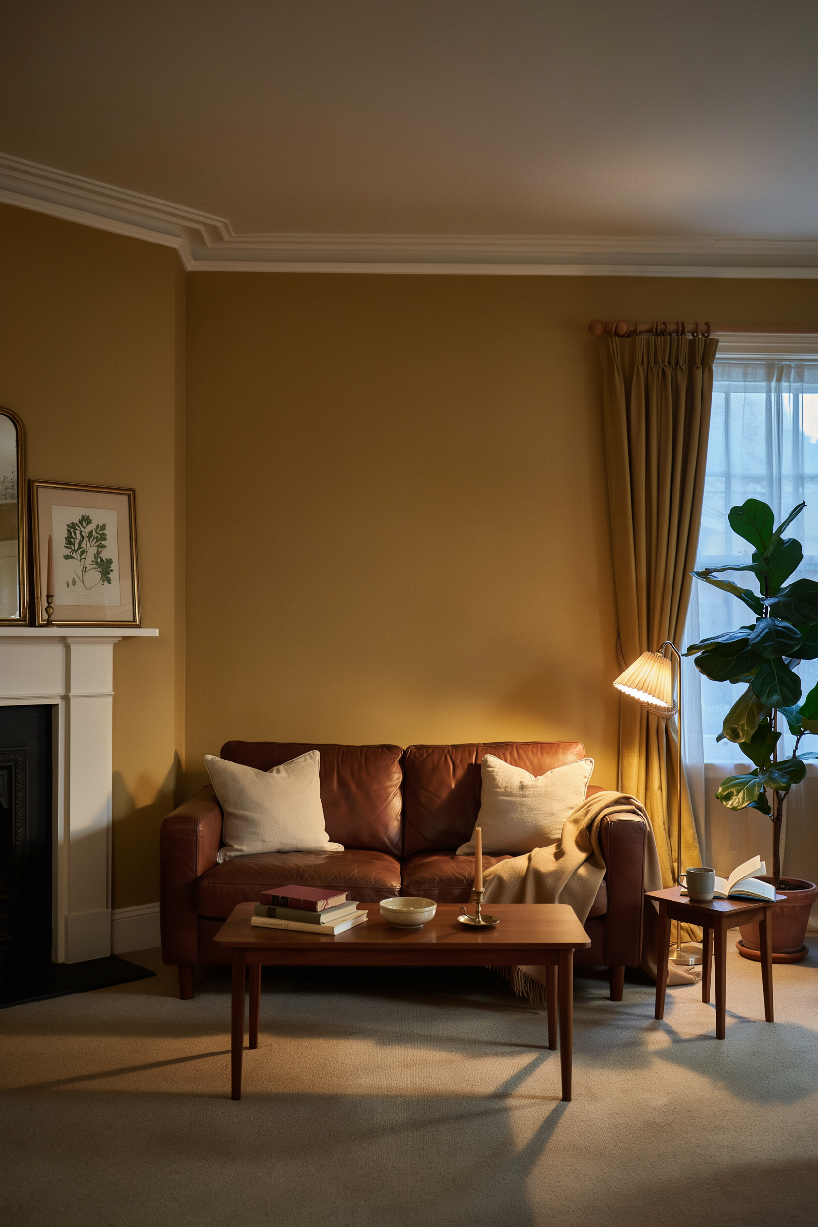 Warm Ochre Living Room With Fireplace