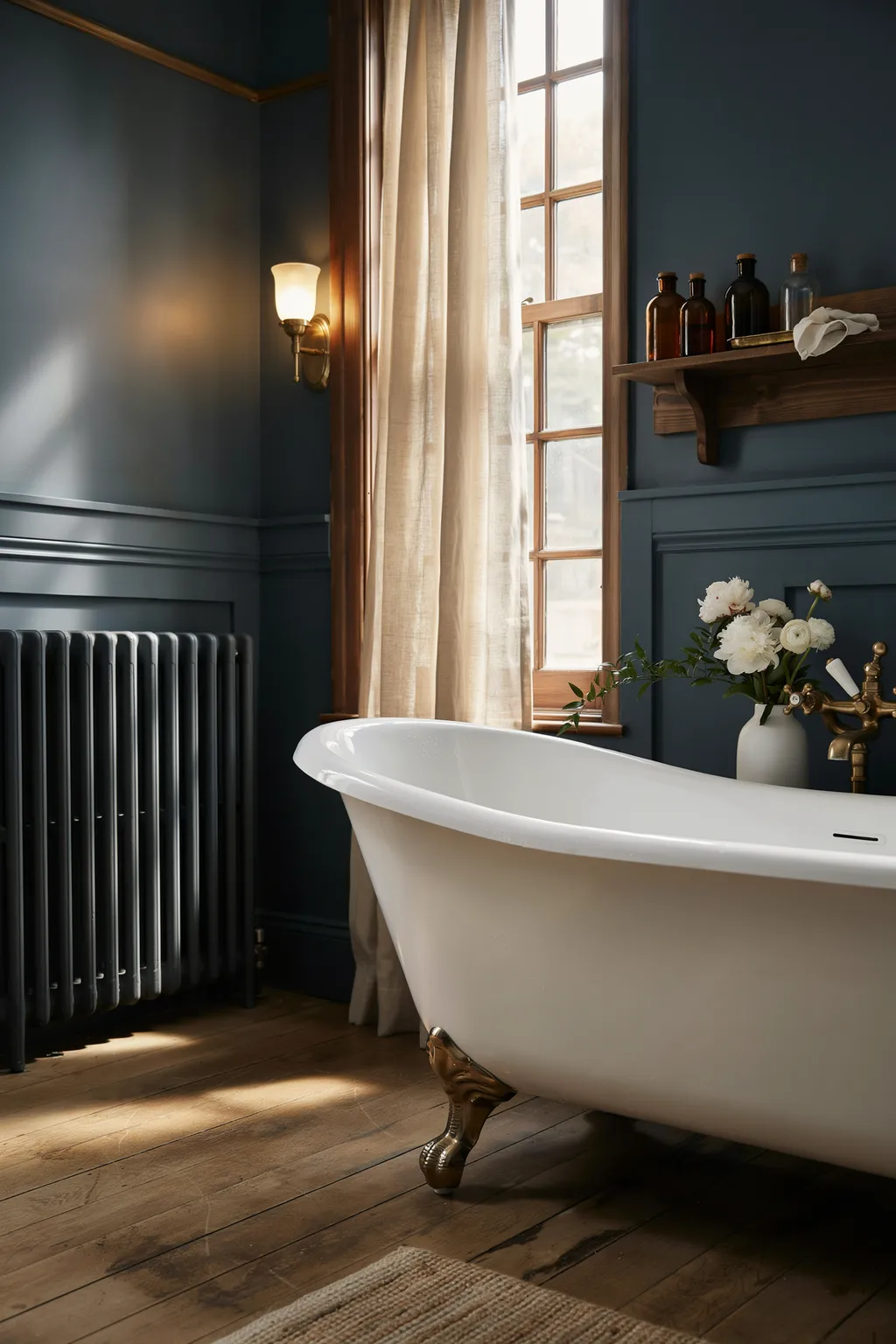 Charcoal-Blue Vintage Bathroom With a Clawfoot