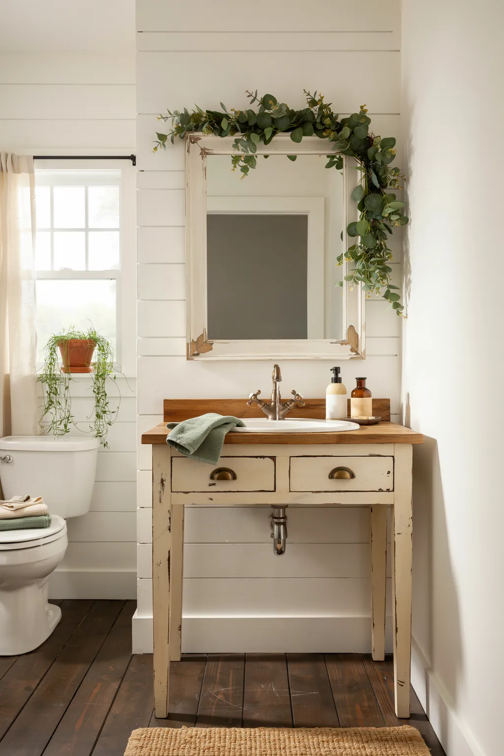 Shabby-Chic White Farmhouse Bath