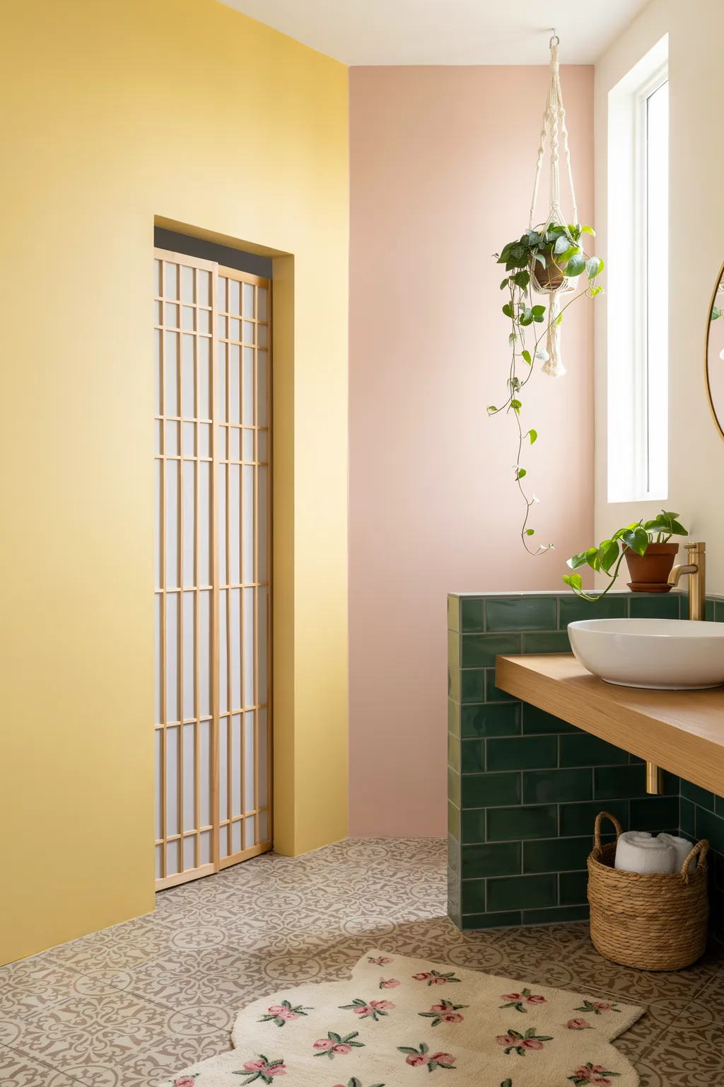 Yellow and Pink Bathroom With Screen Divider