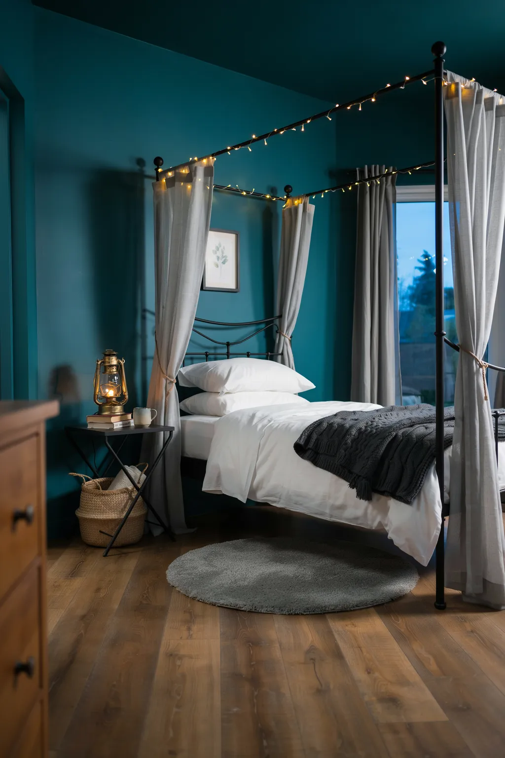 String Light Canopy Romantic Bedroom Idea