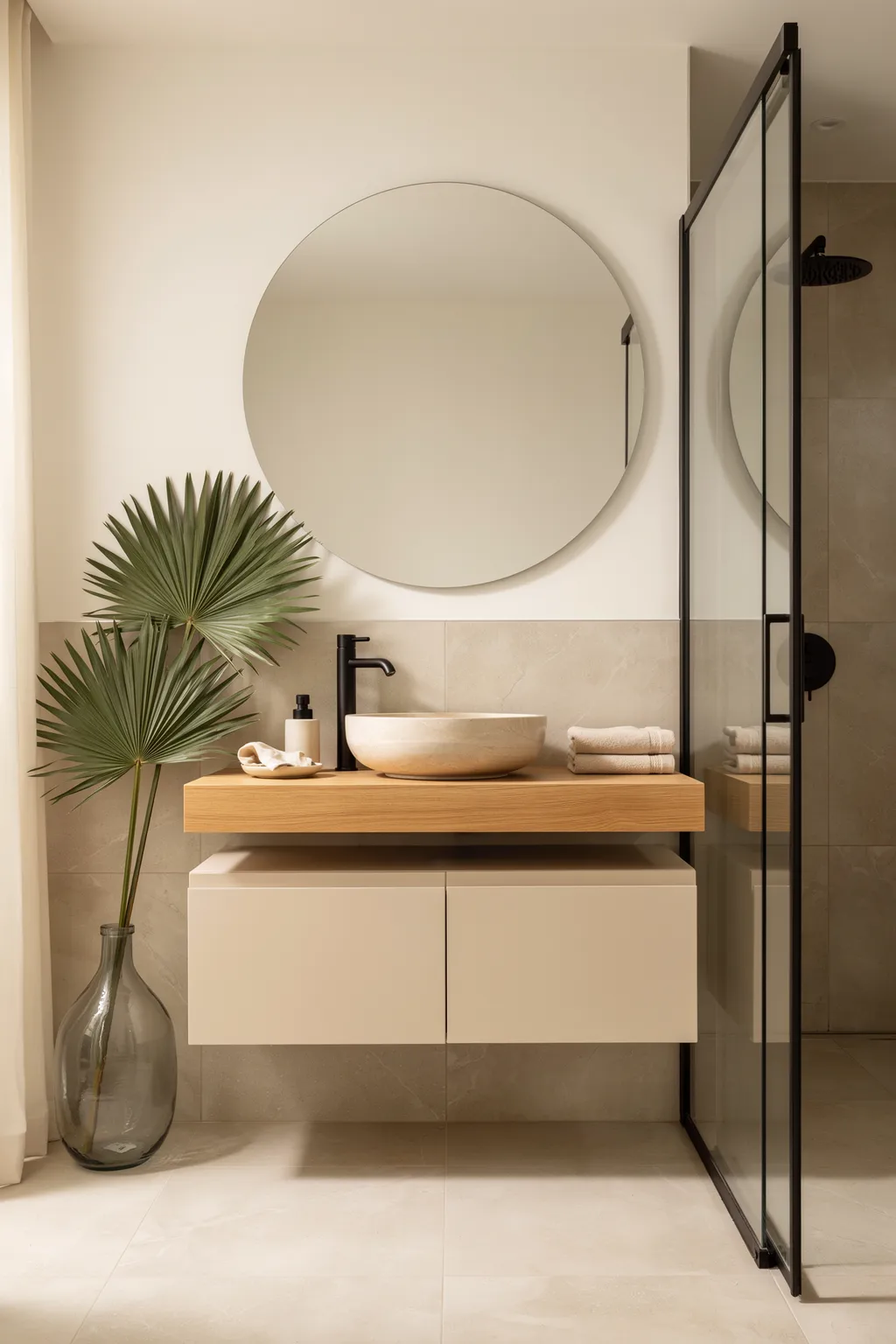 Round Mirror Meets Black Glass Shower