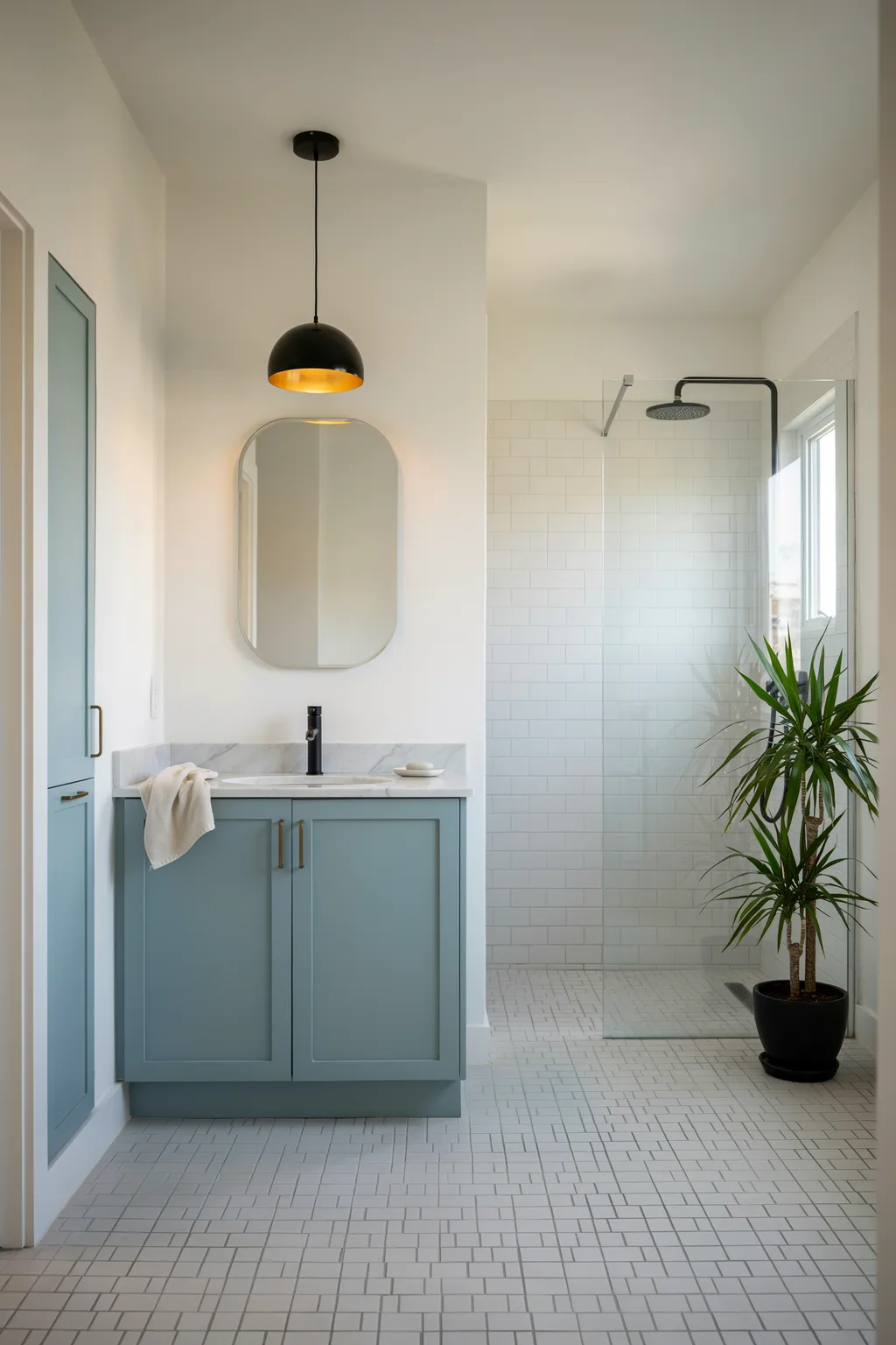 Teal Vanity With White Subway Tile