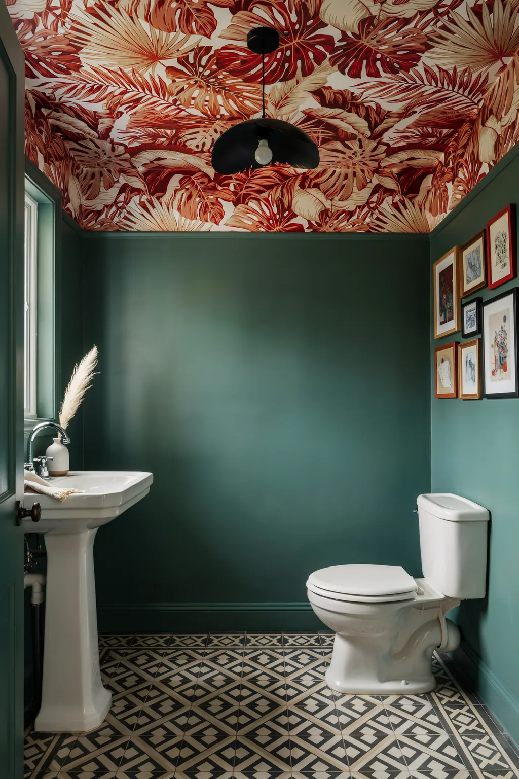 Tropical Leaf Ceiling Mural Powder Room