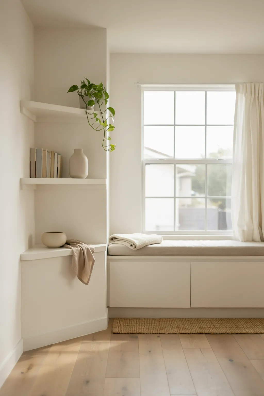 Window Seat Storage in a White Room