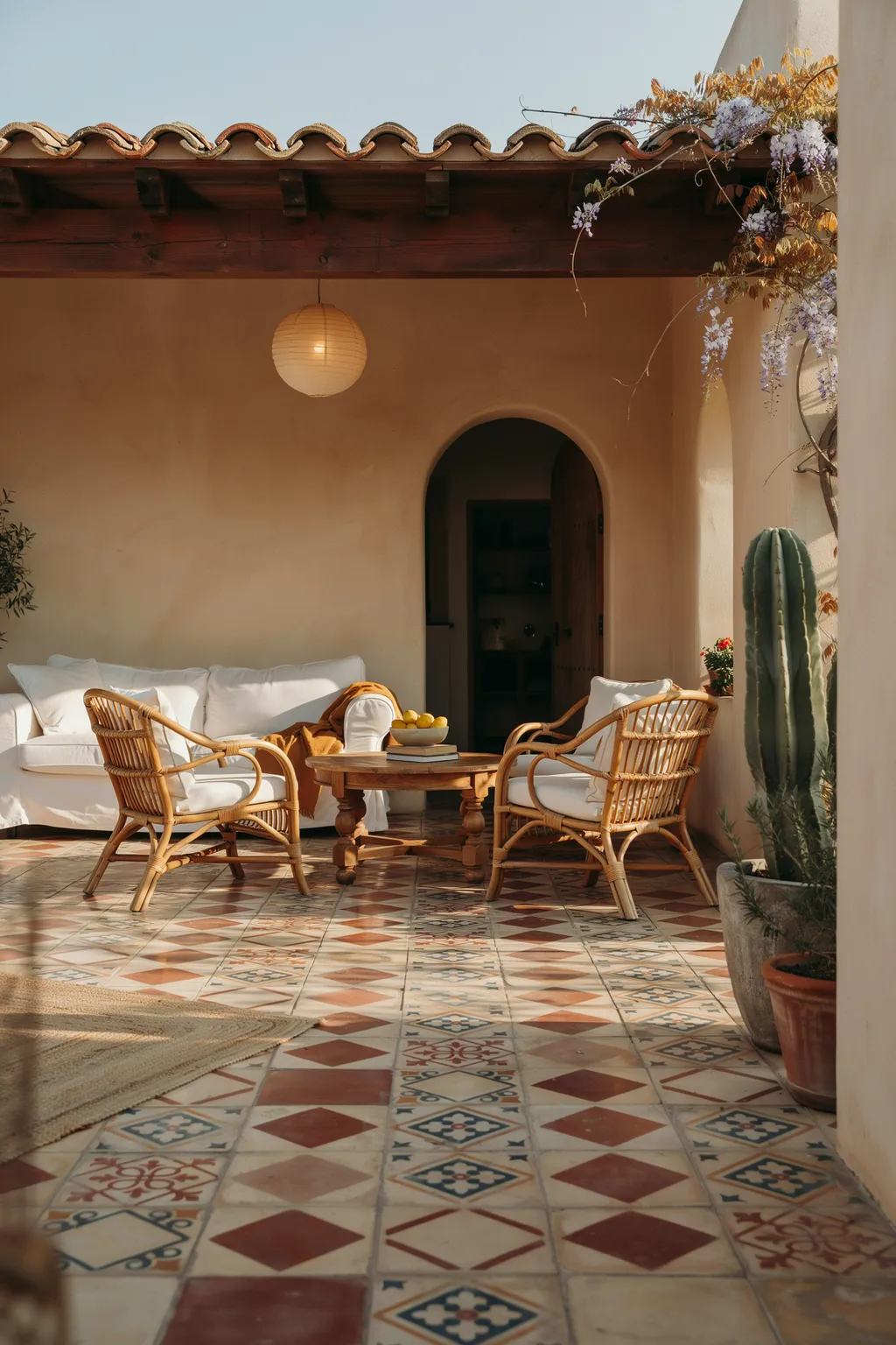 Patterned Tile Patio Under a Timber Pergola