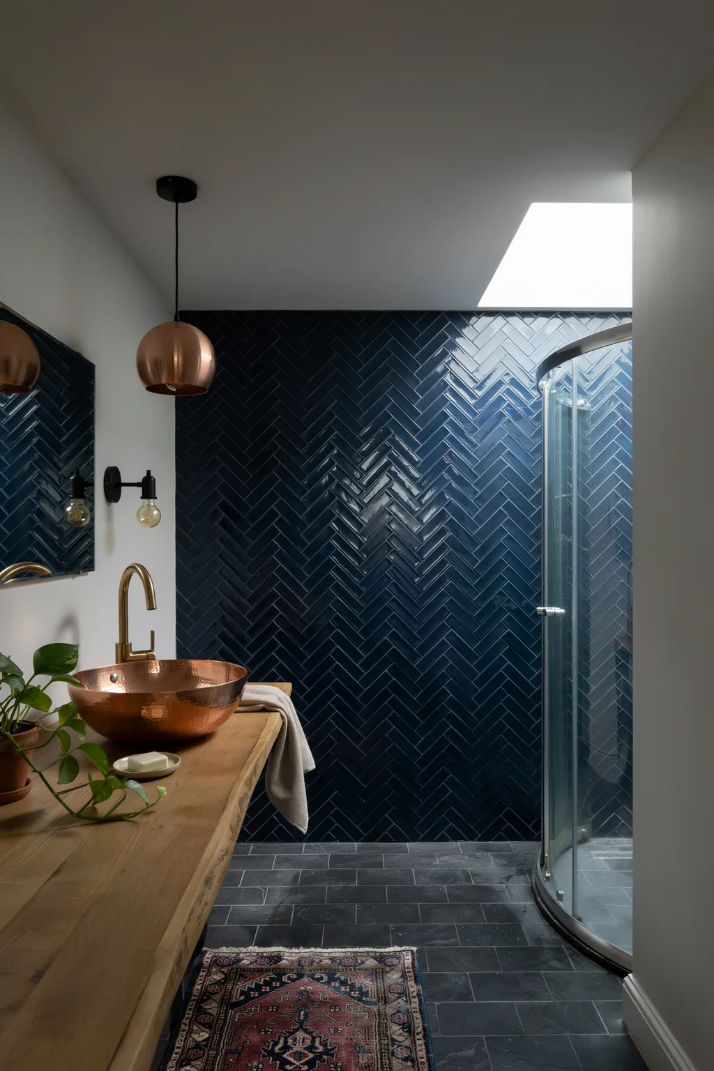 Navy Chevron Tile With Copper Accents