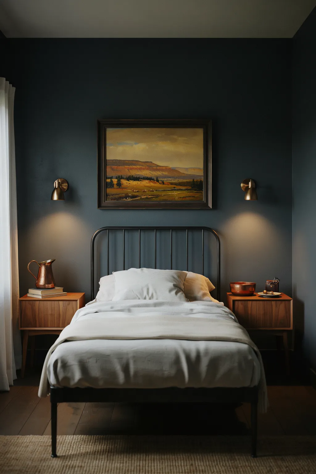 Iron Bed Against a Moody Landscape Wall