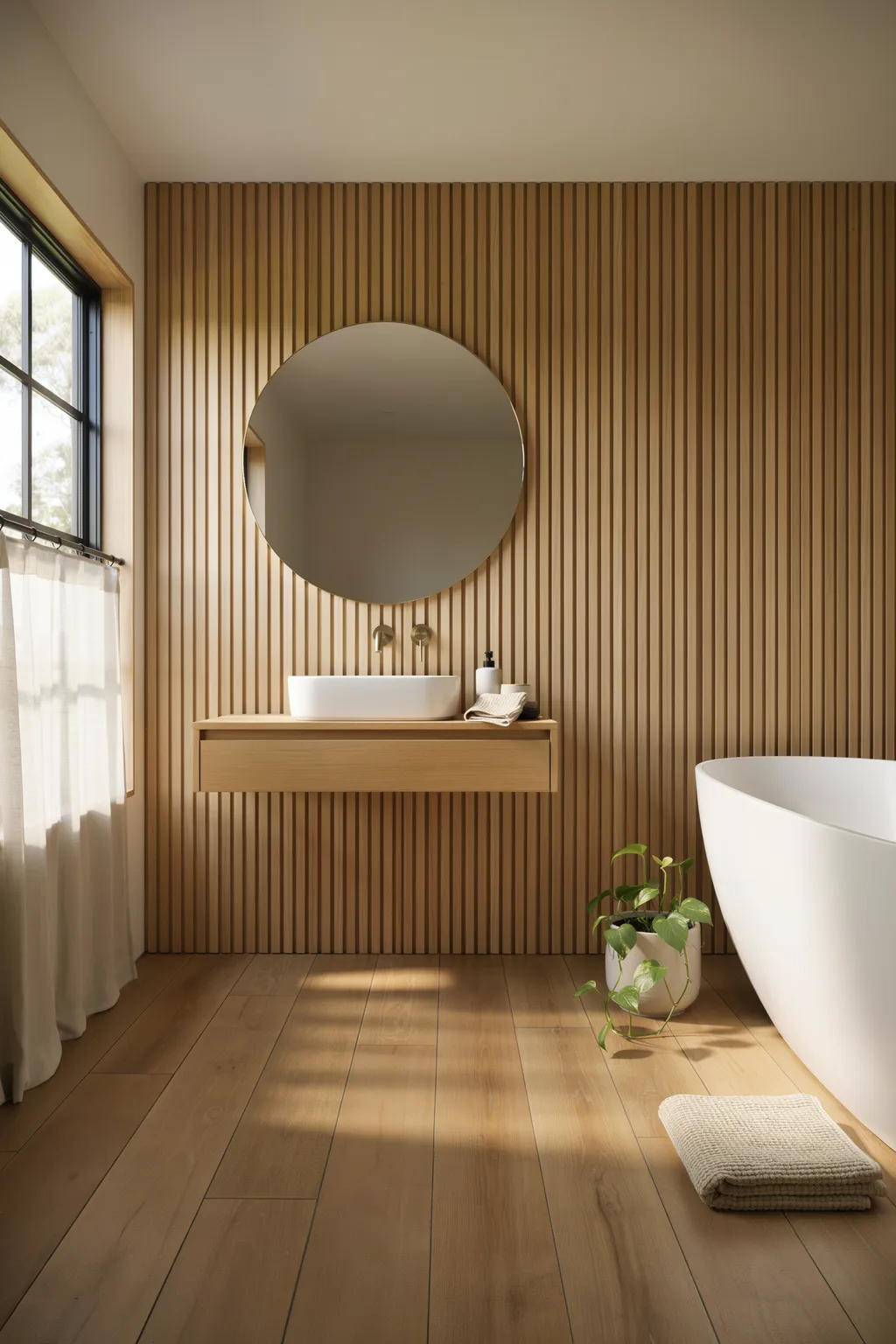 Vertical Slat Wall Behind The Vanity