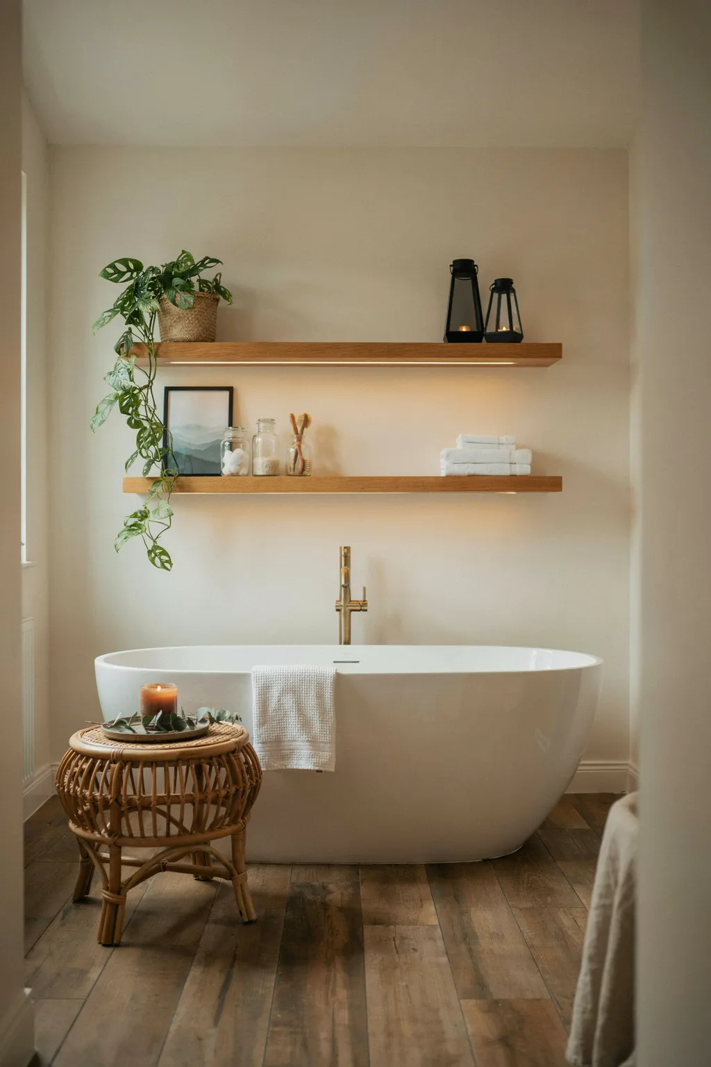Wood Shelves Above The Bathtub