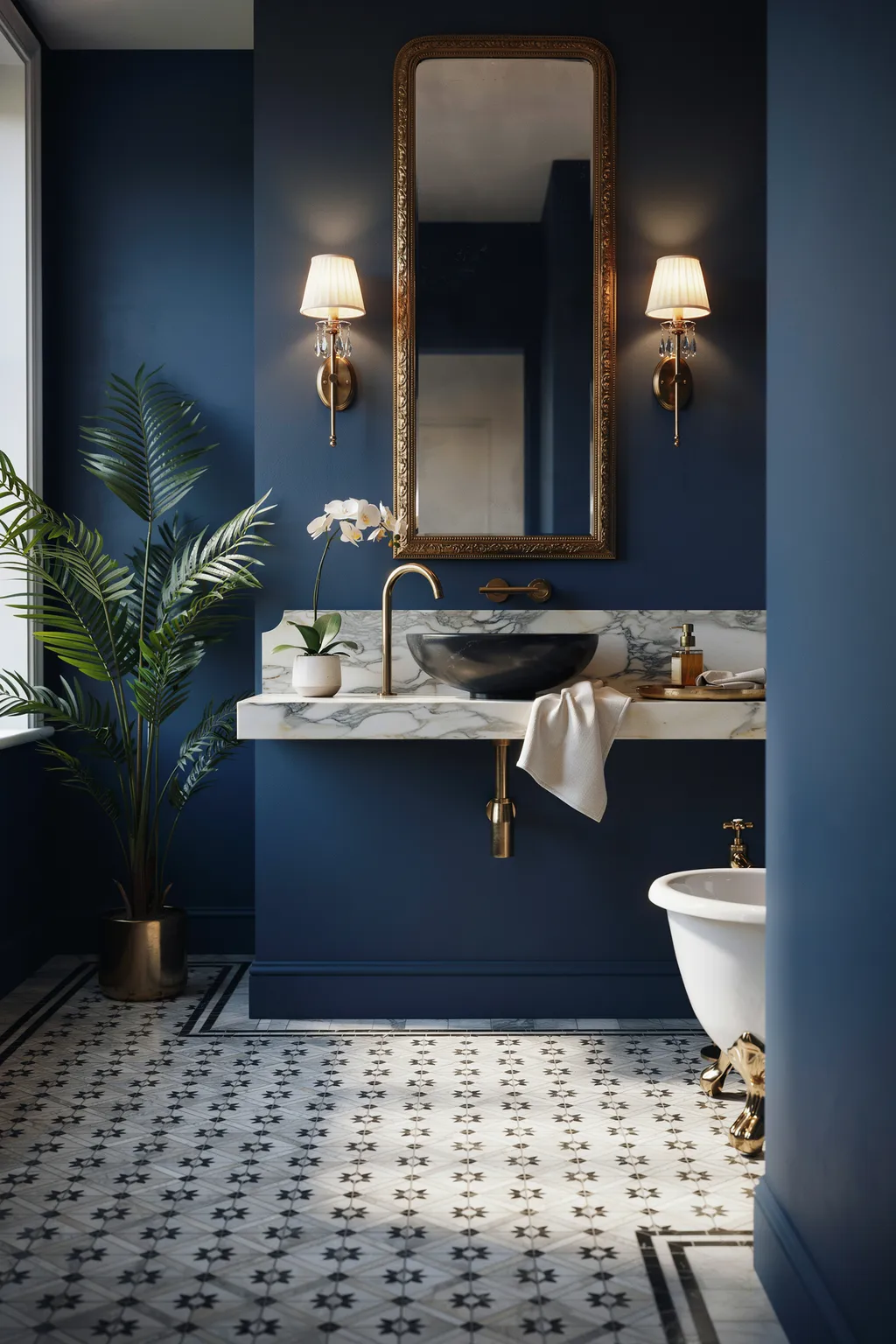 Glam Navy Powder Room With Brass and Marble