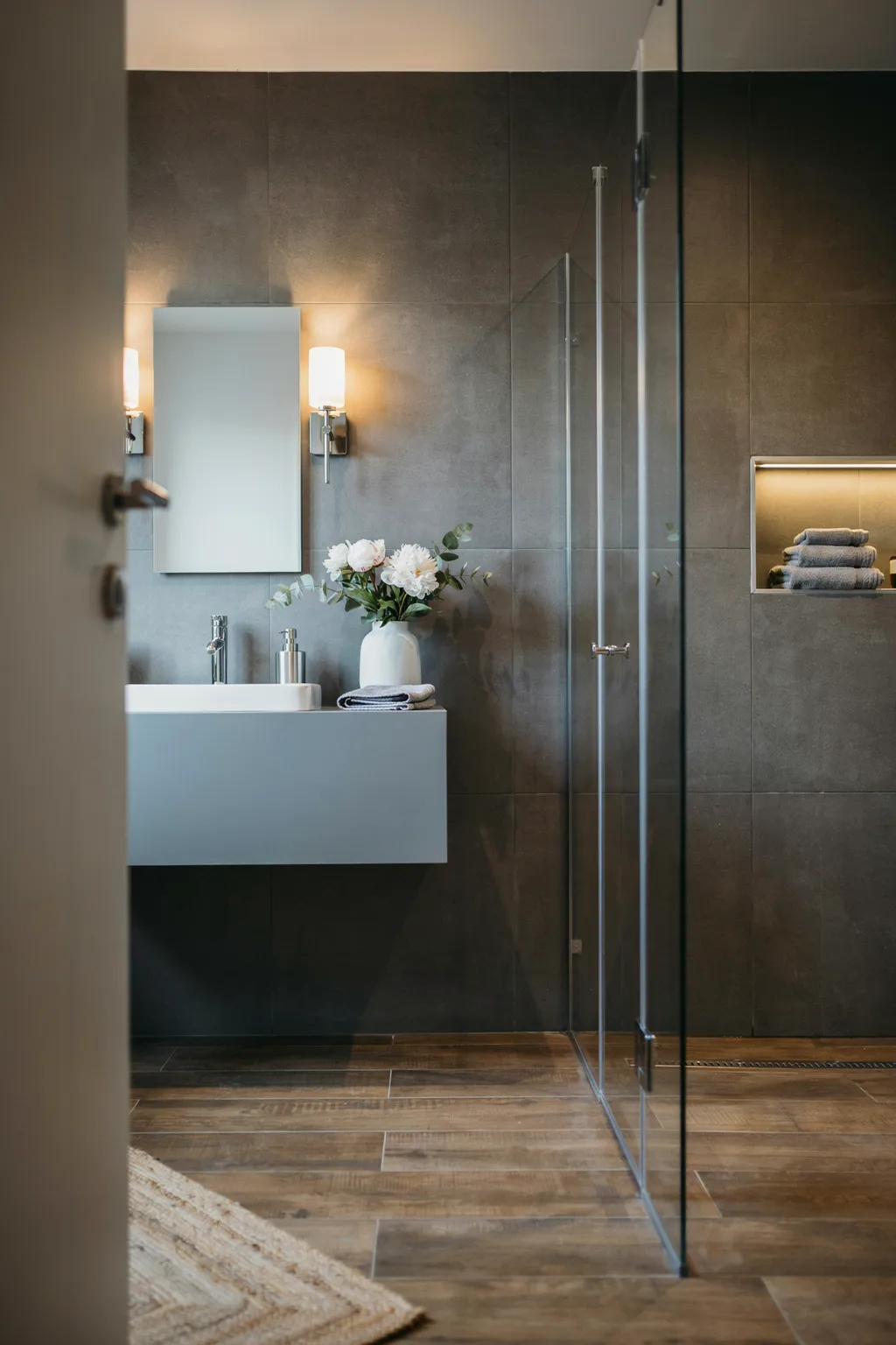 Charcoal Tile Wood Floor Bathroom