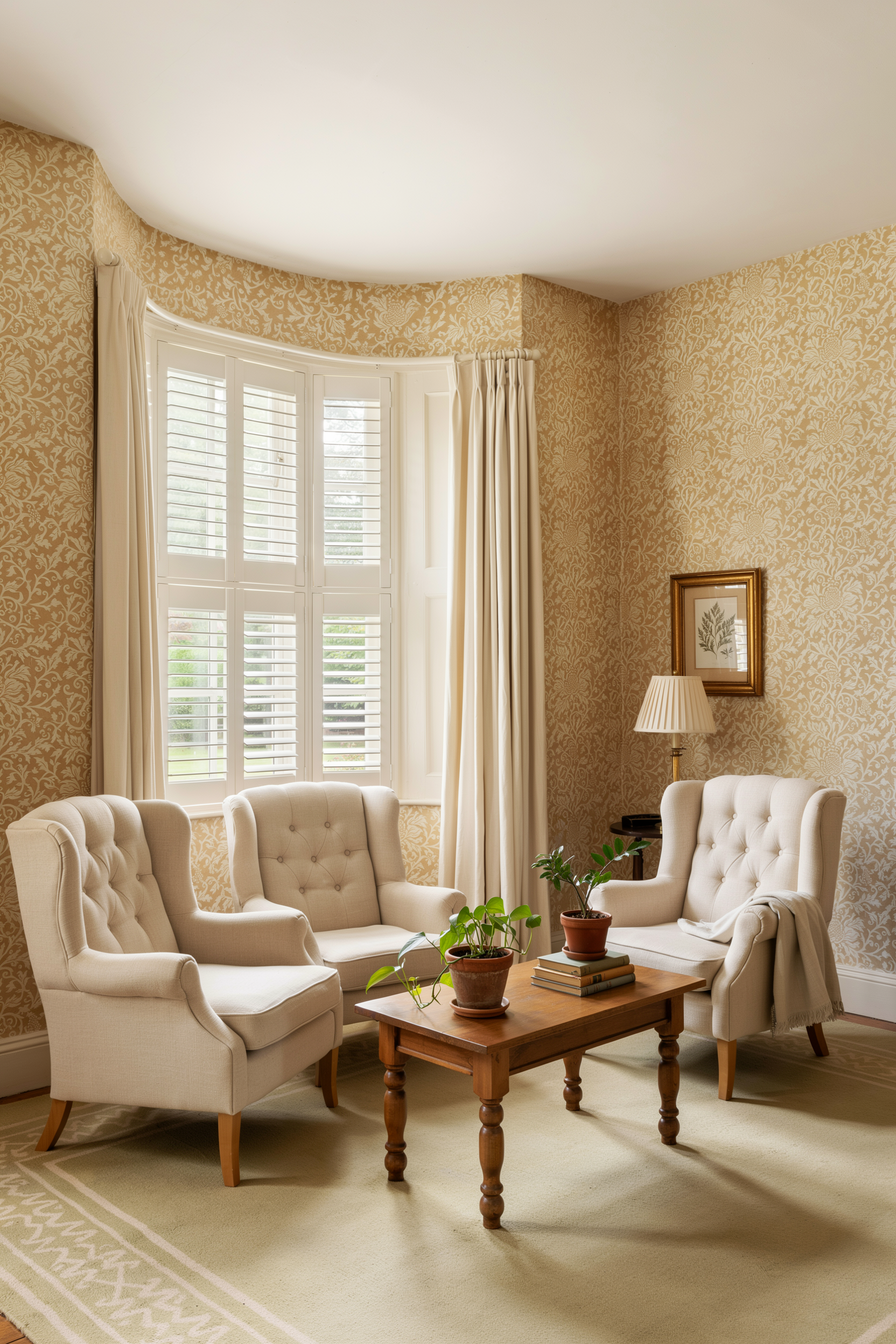 Traditional Yellow Damask Bay Window Room