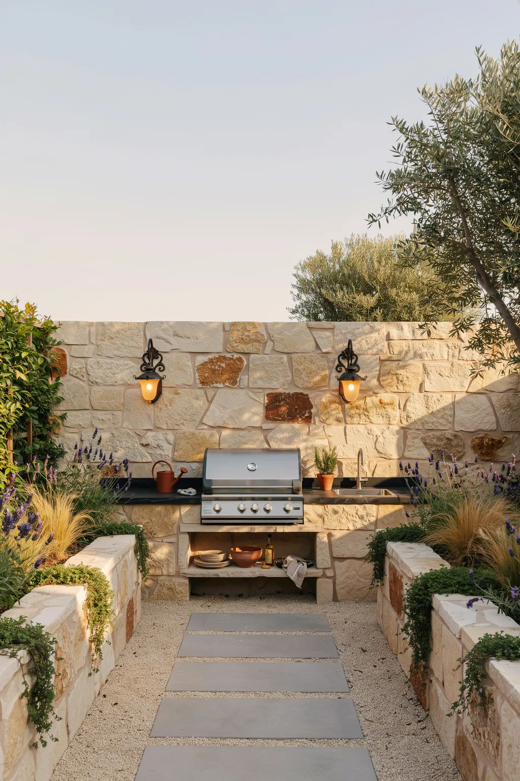 Outdoor Kitchen Built Into A Stone Wall