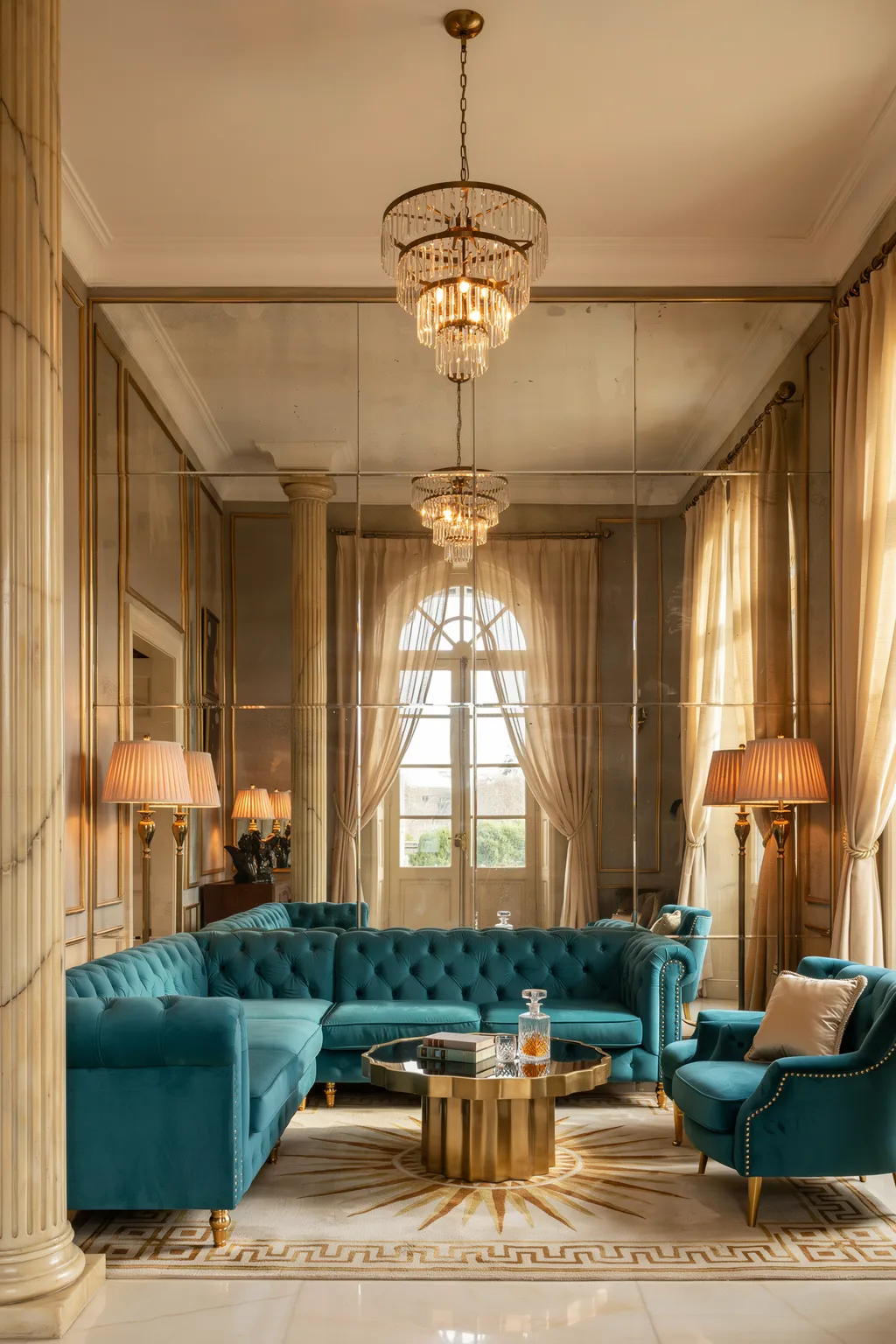 Art Deco Living Room With A Mirror Wall