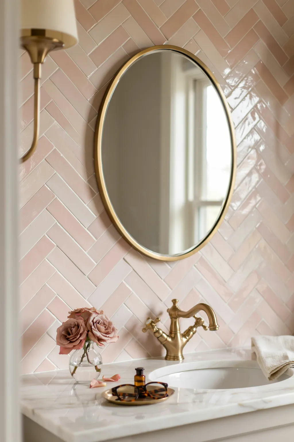 Blush Pink Herringbone Powder Room