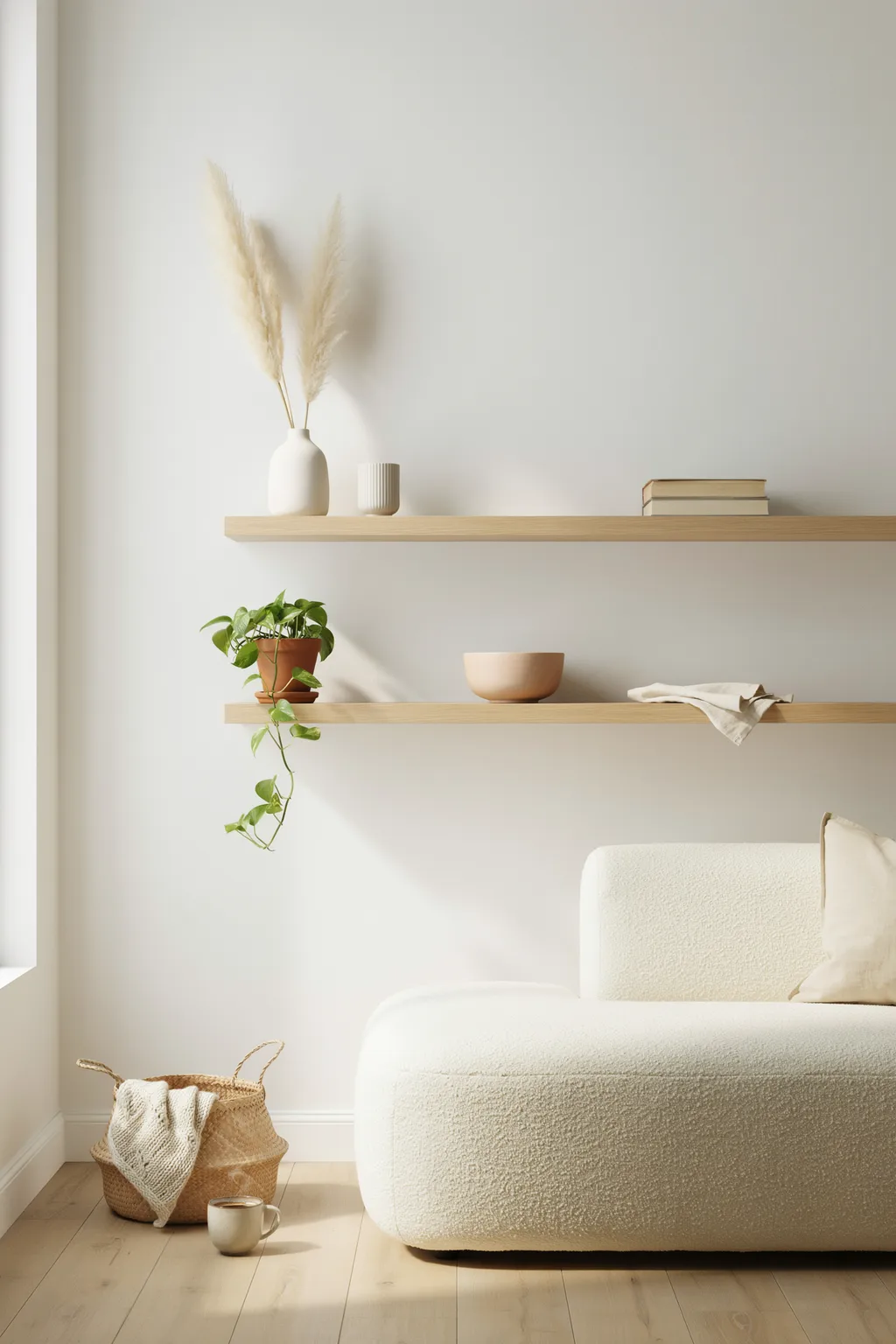 Floating Wood Shelves on a White Wall