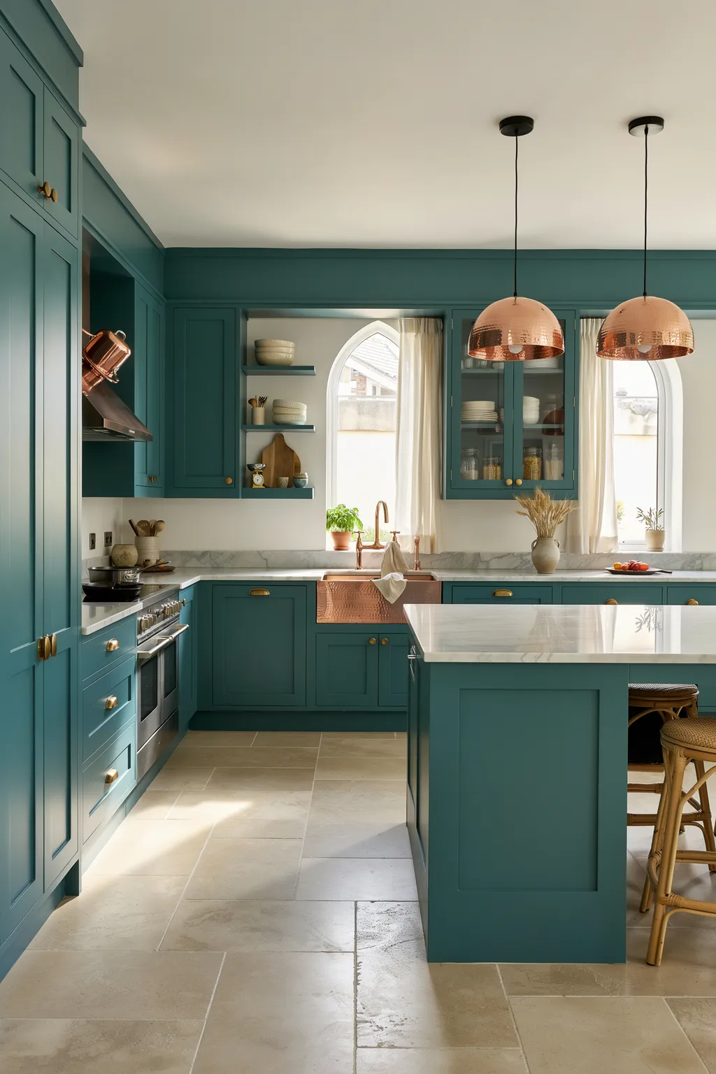 Teal Green Kitchen With Copper