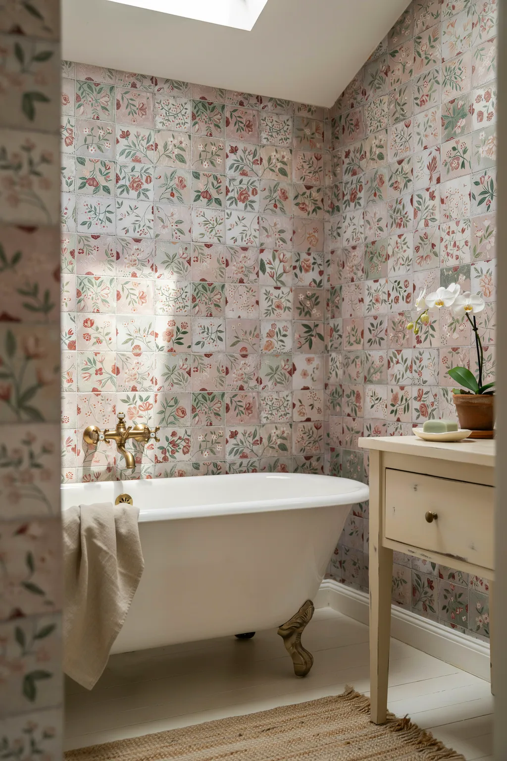 Vintage Floral Mosaic Around a Clawfoot Tub