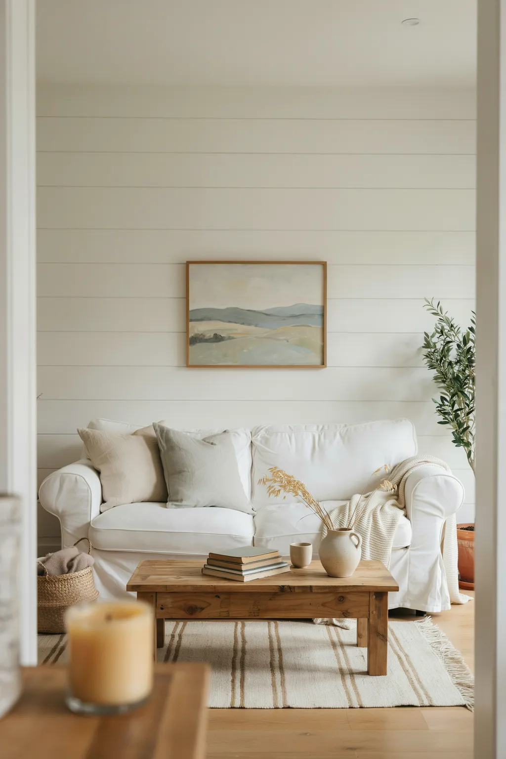 Cottage-Style White Shiplap Living Room