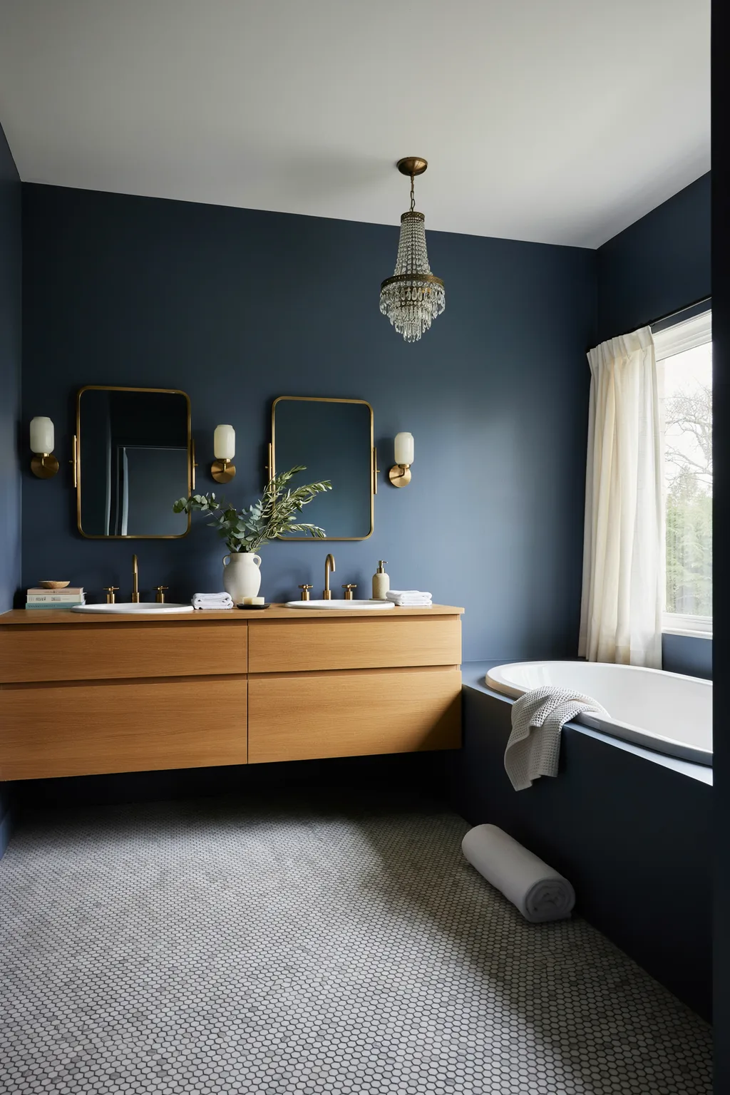 Crystal Chandelier Over a Navy Double Vanity
