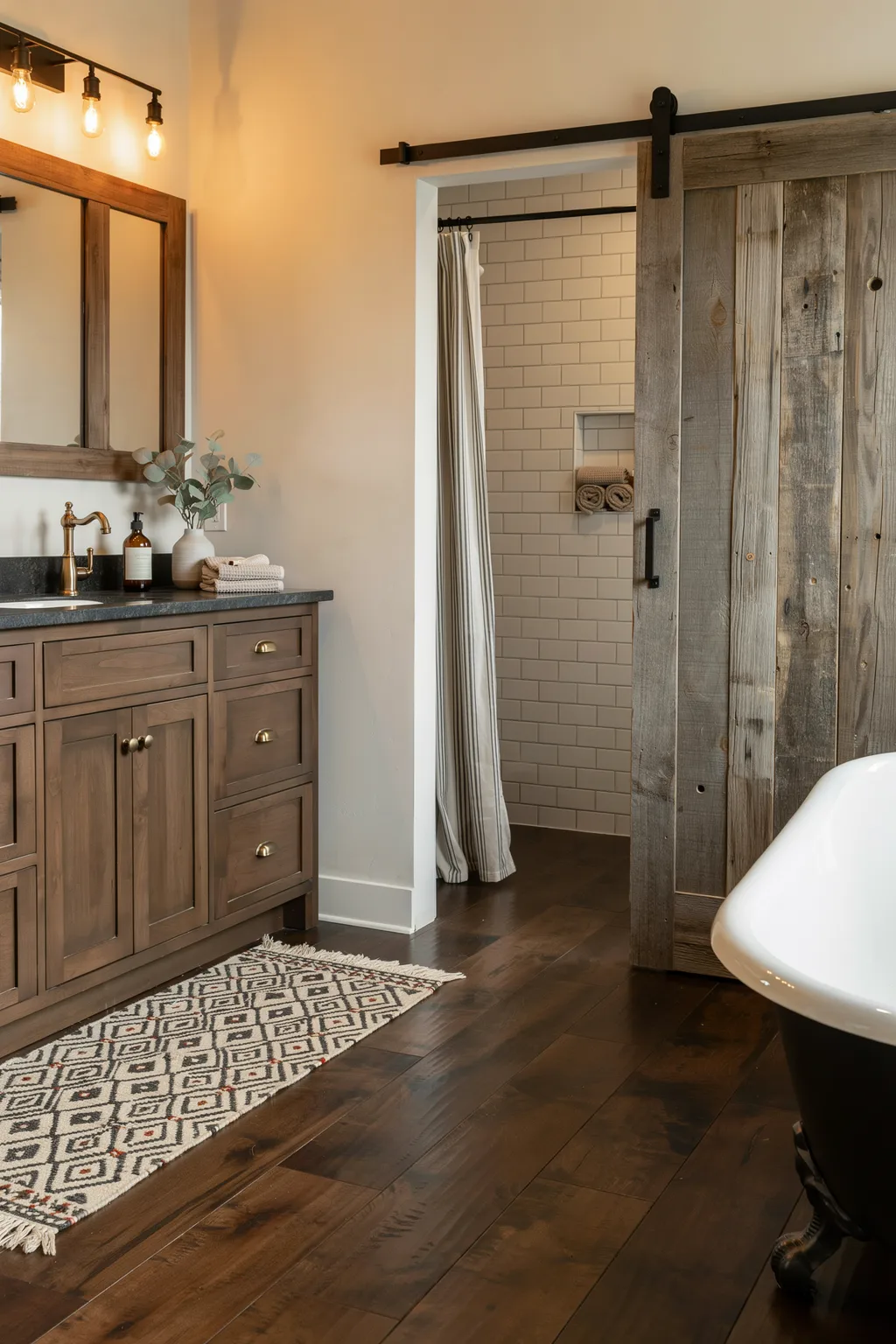 Dark Wood And A Barn Door Shower