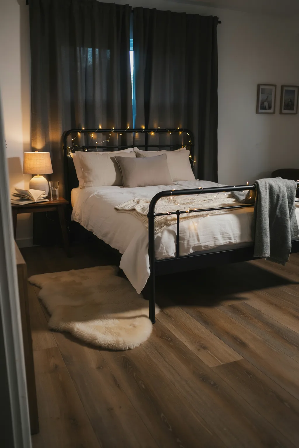 String Lights on a Metal Bed