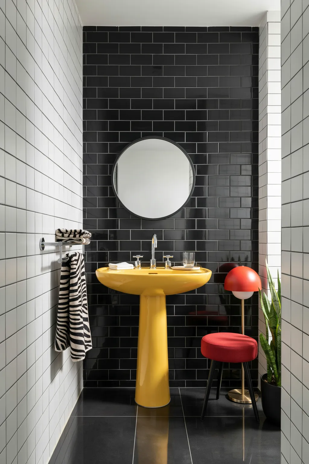 Black Gloss Tile With a Yellow Pedestal Sink