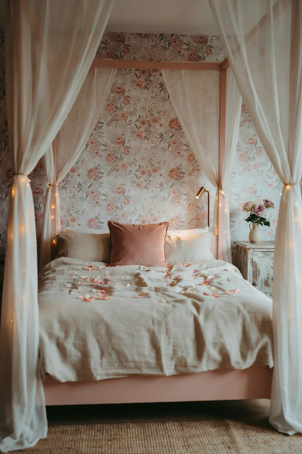 Blush Fairy Light Canopy Romantic Bedroom