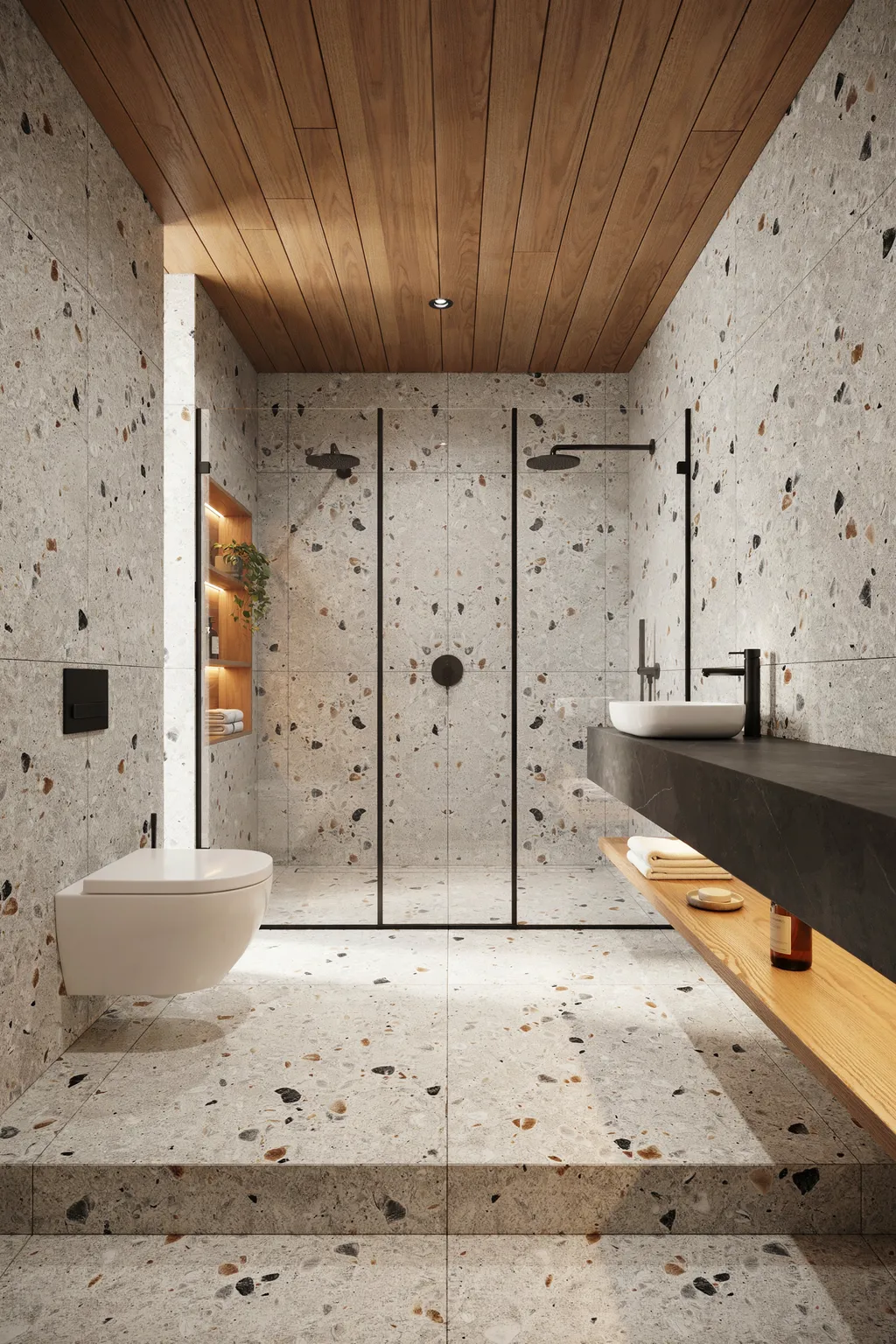 Terrazzo Bathroom Wood Ceiling Idea