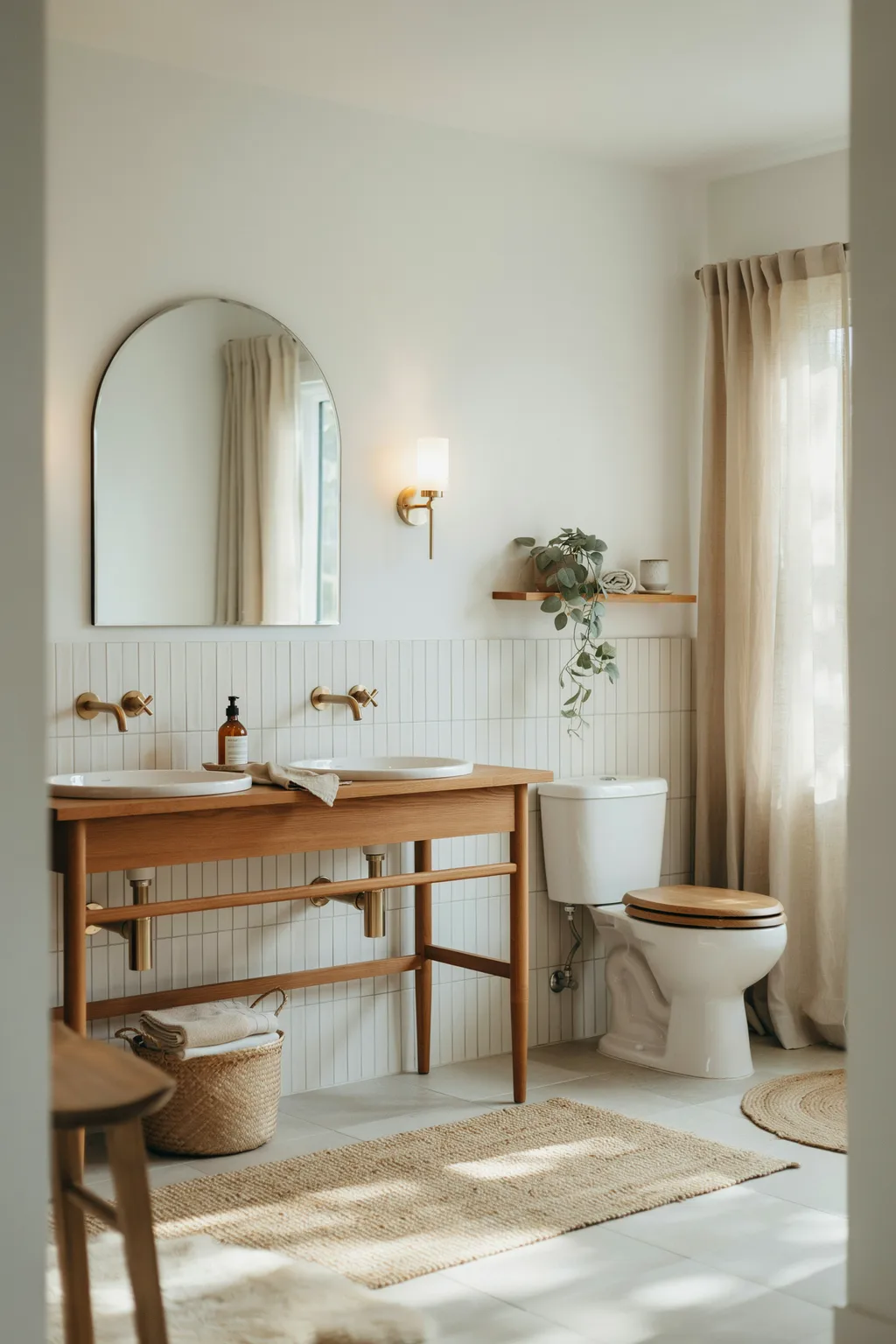 Warm Wood And White Tile Family Bath