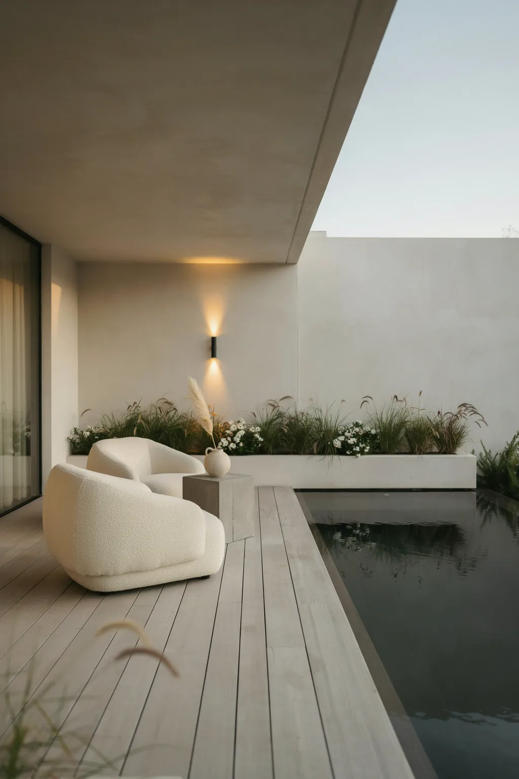 Curved Boucle Chairs by a Plunge Pool