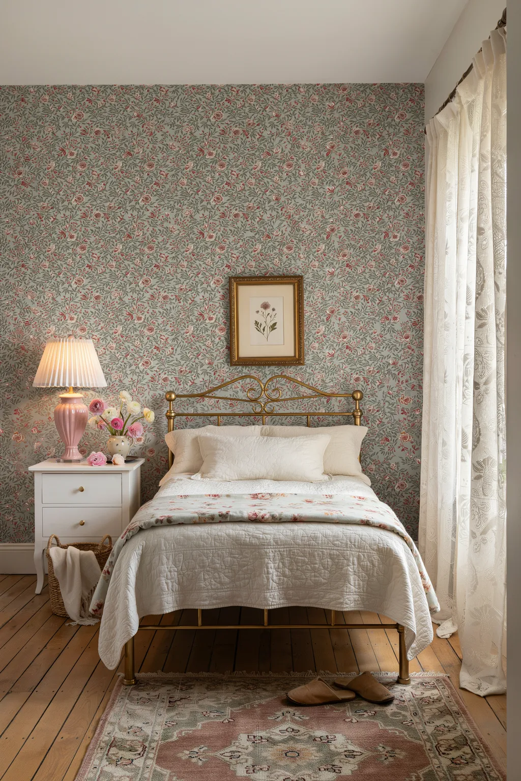 Brass Bed with Floral Wallpaper