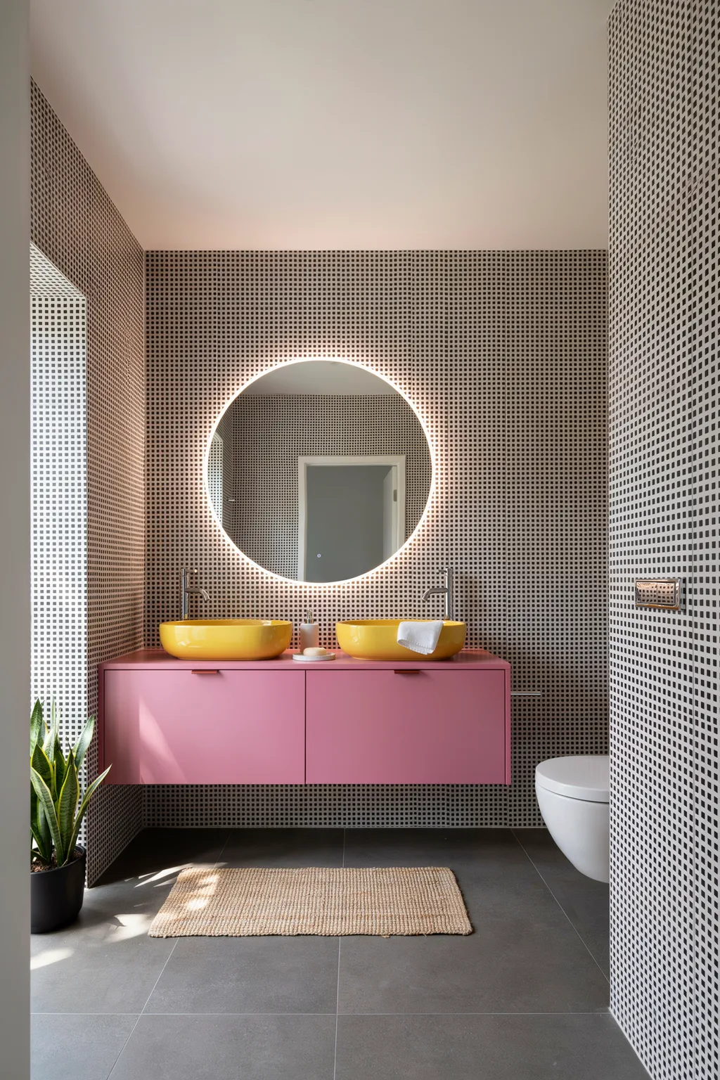 Hot Pink Vanity With Yellow Vessel Sinks